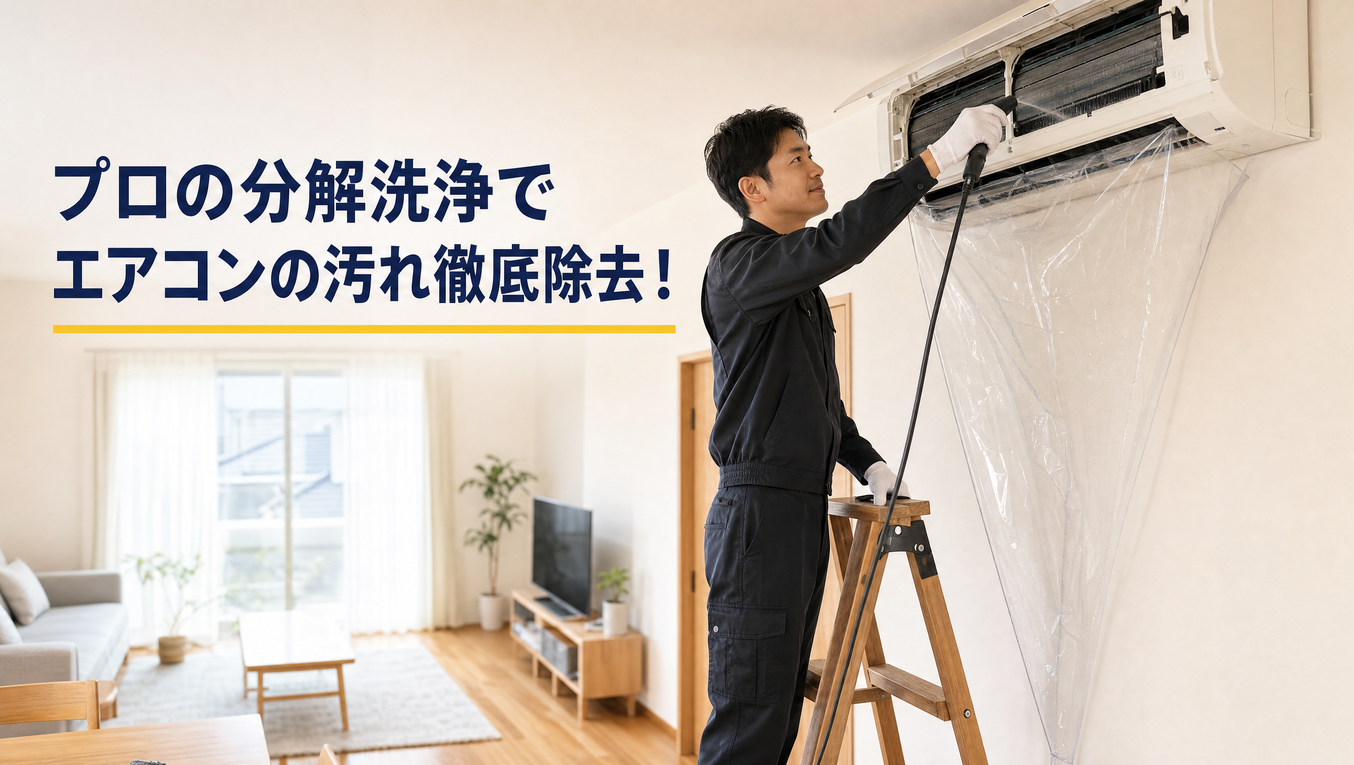 プロの分解洗浄でエアコンの汚れ徹底除去 — 脚立で作業中のスタッフ